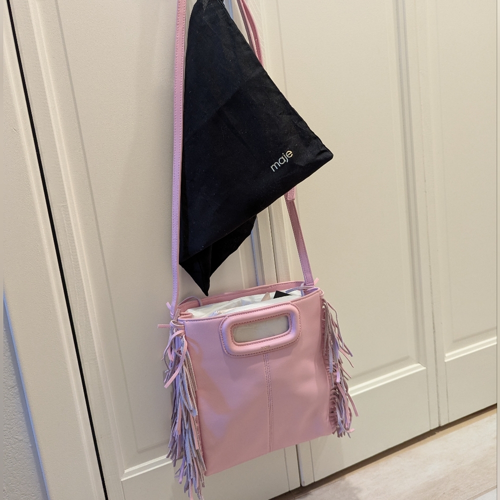 NWT Maje M bag fringe smooth leather rose pink - Picture 12 of 15